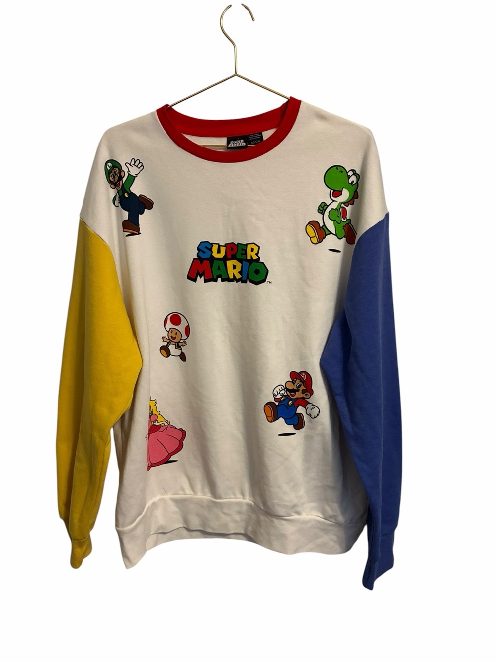 Super Mario Nintendo Colorblock Graphic Sweatshirt White Blue Yellow Large
